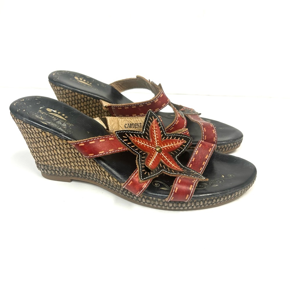 Spring Step Red and Brown Starflower Wedge Sandals